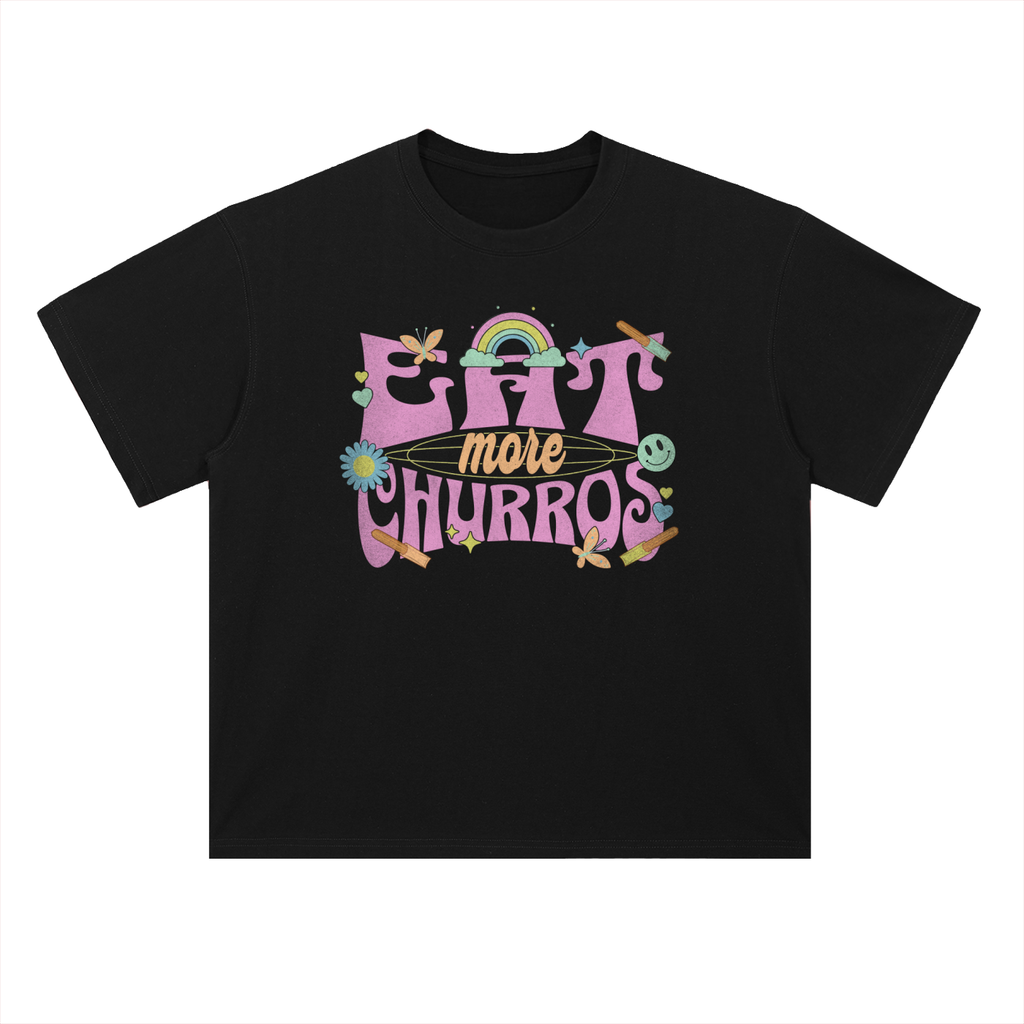 Eat More Churros Retro Graphic T-Shirt – 90s Throwback Vintage Pastel Theme Park Snack Tee Funny Distressed Thrift Streetwear Style– Drop Shoulder Heavyweight Tee