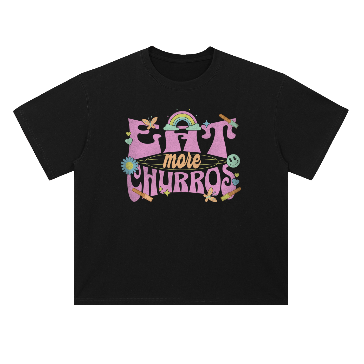 Eat More Churros Retro Graphic T-Shirt – 90s Throwback Vintage Pastel Theme Park Snack Tee Funny Distressed Thrift Streetwear Style– Drop Shoulder Heavyweight Tee