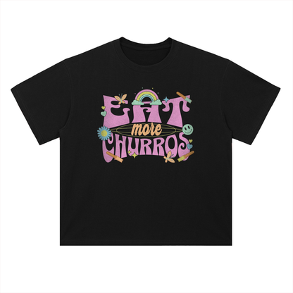 Eat More Churros Retro Graphic T-Shirt – 90s Throwback Vintage Pastel Theme Park Snack Tee Funny Distressed Thrift Streetwear Style– Drop Shoulder Heavyweight Tee