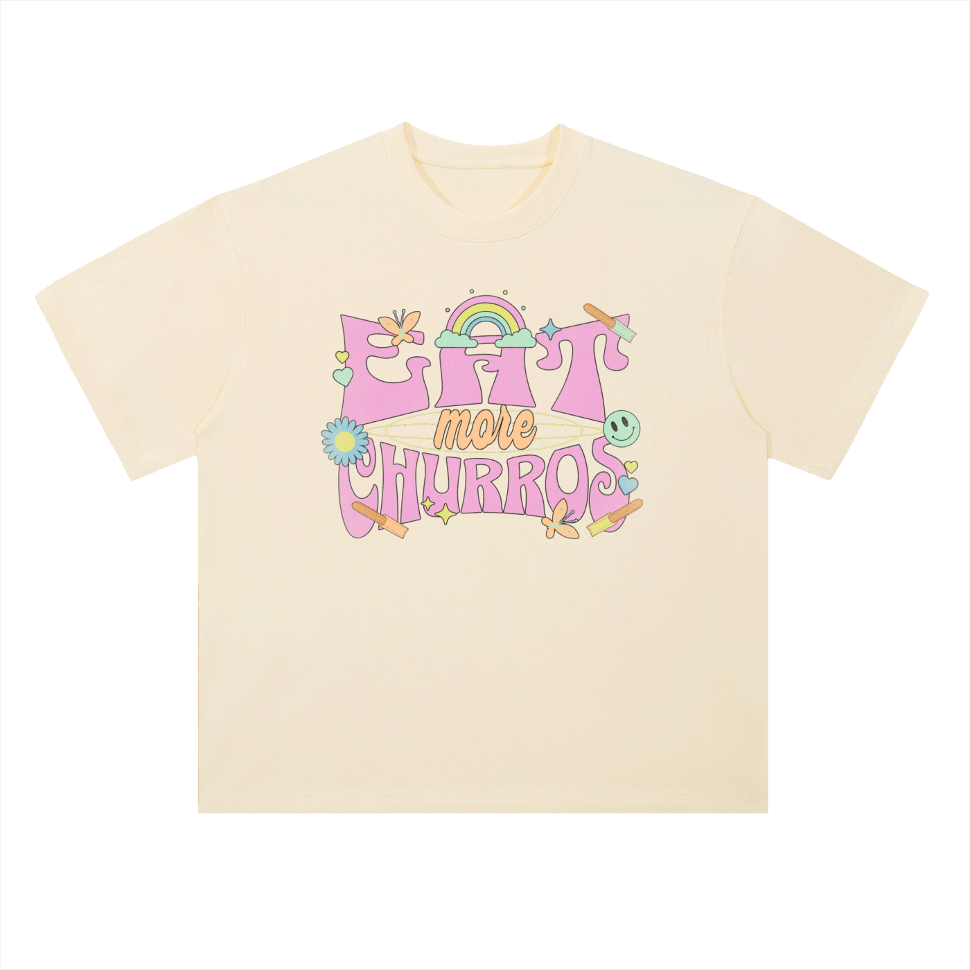 Eat More Churros Retro Graphic T-Shirt – 90s Throwback Vintage Pastel Theme Park Snack Tee Funny Distressed Thrift Streetwear Style– Drop Shoulder Heavyweight Tee