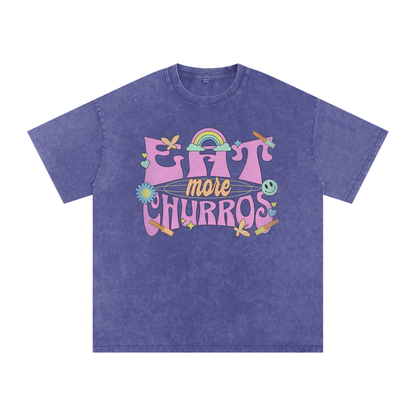 Eat More Churros Oversized Retro Graphic Tee – 90s Pastel Park Snack Shirt – Snow Washed Acid Wash Streetwear Funny Ironic Trendy Vintage Cotton Soft Heavyweight Heavy Weight Distressed Thrift Style 90s Y2K Styles