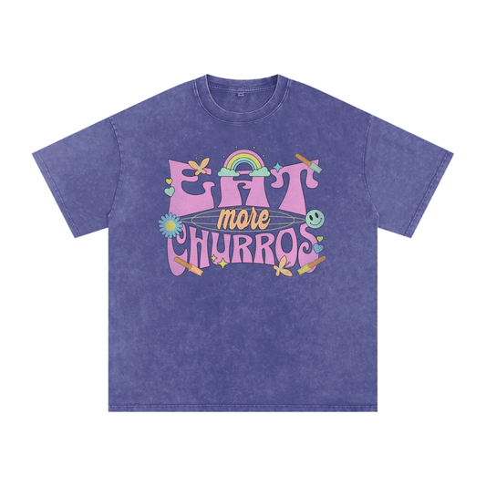Eat More Churros Oversized Retro Graphic Tee – 90s Pastel Park Snack Shirt – Snow Washed Acid Wash Streetwear Funny Ironic Trendy Vintage Cotton Soft Heavyweight Heavy Weight Distressed Thrift Style 90s Y2K Styles