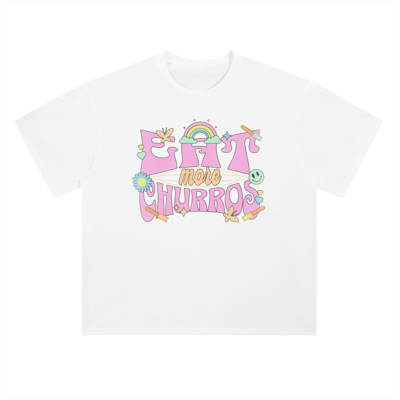 Eat More Churros Retro Graphic T-Shirt – 90s Throwback Vintage Pastel Theme Park Snack Tee Funny Distressed Thrift Streetwear Style– Drop Shoulder Heavyweight Tee