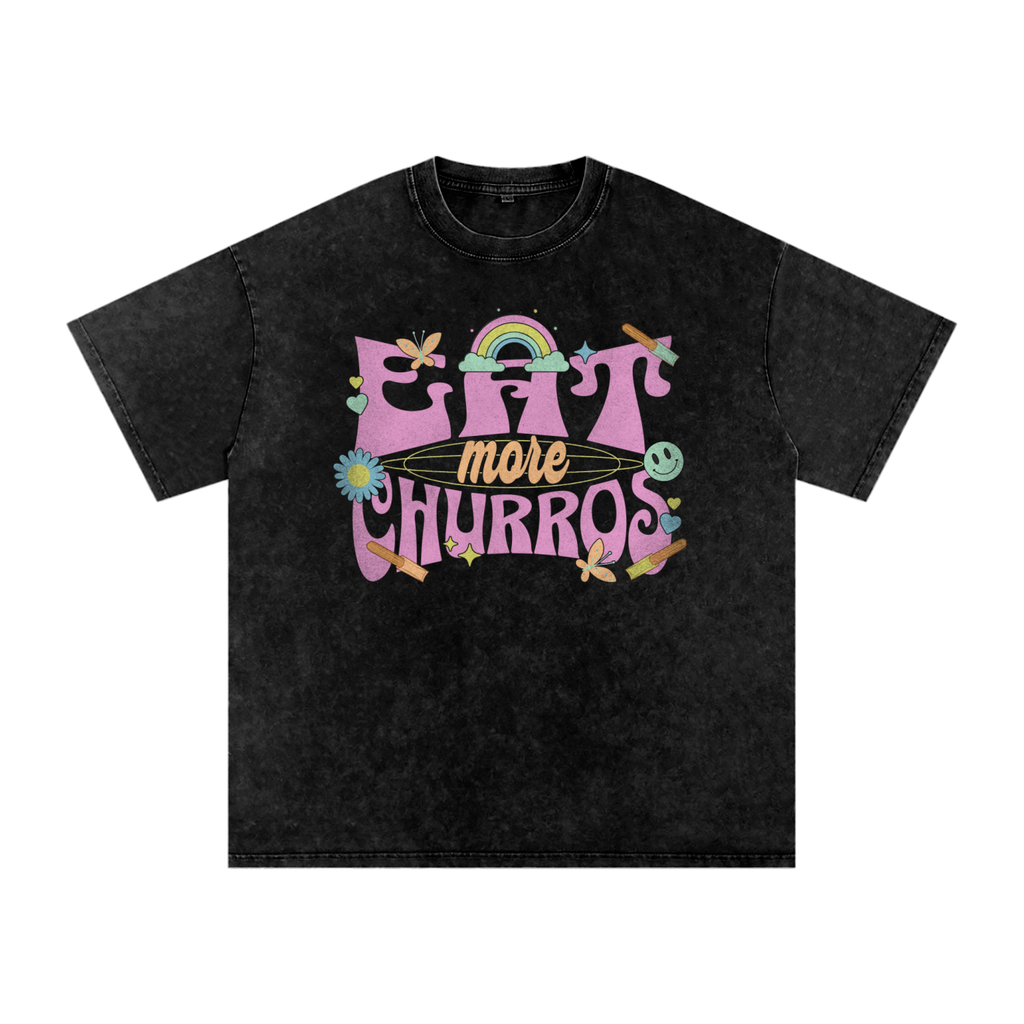Eat More Churros Oversized Retro Graphic Tee – 90s Pastel Park Snack Shirt – Snow Washed Acid Wash Streetwear Funny Ironic Trendy Vintage Cotton Soft Heavyweight Heavy Weight Distressed Thrift Style 90s Y2K Styles