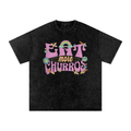 Eat More Churros Oversized Retro Graphic Tee – 90s Pastel Park Snack Shirt – Snow Washed Acid Wash Streetwear Funny Ironic Trendy Vintage Cotton Soft Heavyweight Heavy Weight Distressed Thrift Style 90s Y2K Styles