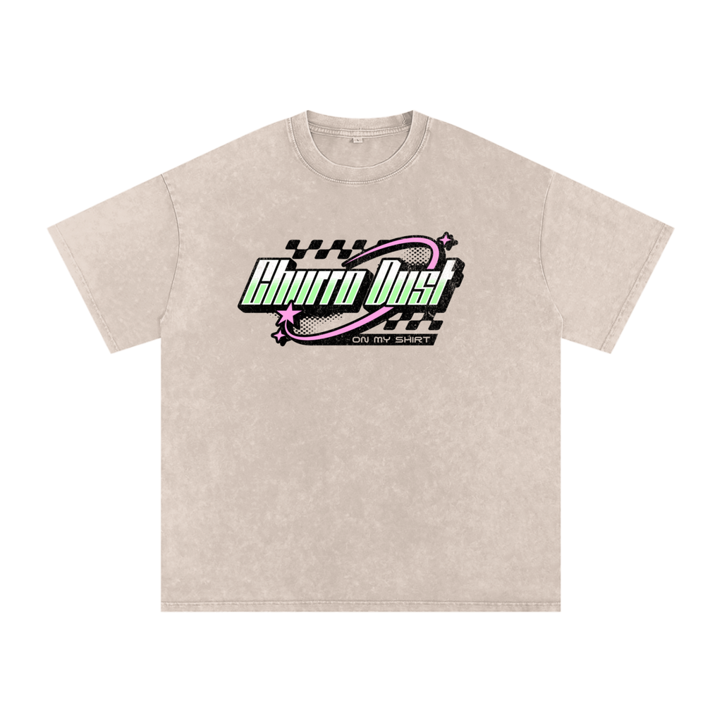 Churro Dust Y2K Logo Graphic Tee – Retro Chrome Mall Aesthetic Streetwear 100% Soft Heavy Weight (250 gsm) Snow Washed Oversized Cotton T-Shirt