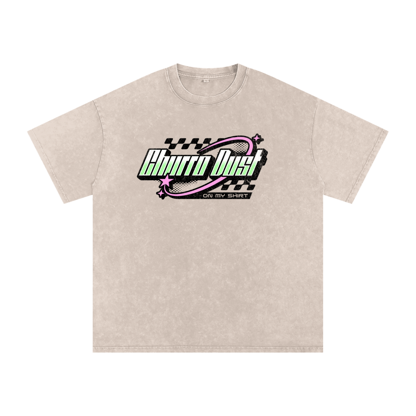 Churro Dust Y2K Logo Graphic Tee – Retro Chrome Mall Aesthetic Streetwear 100% Soft Heavy Weight (250 gsm) Snow Washed Oversized Cotton T-Shirt