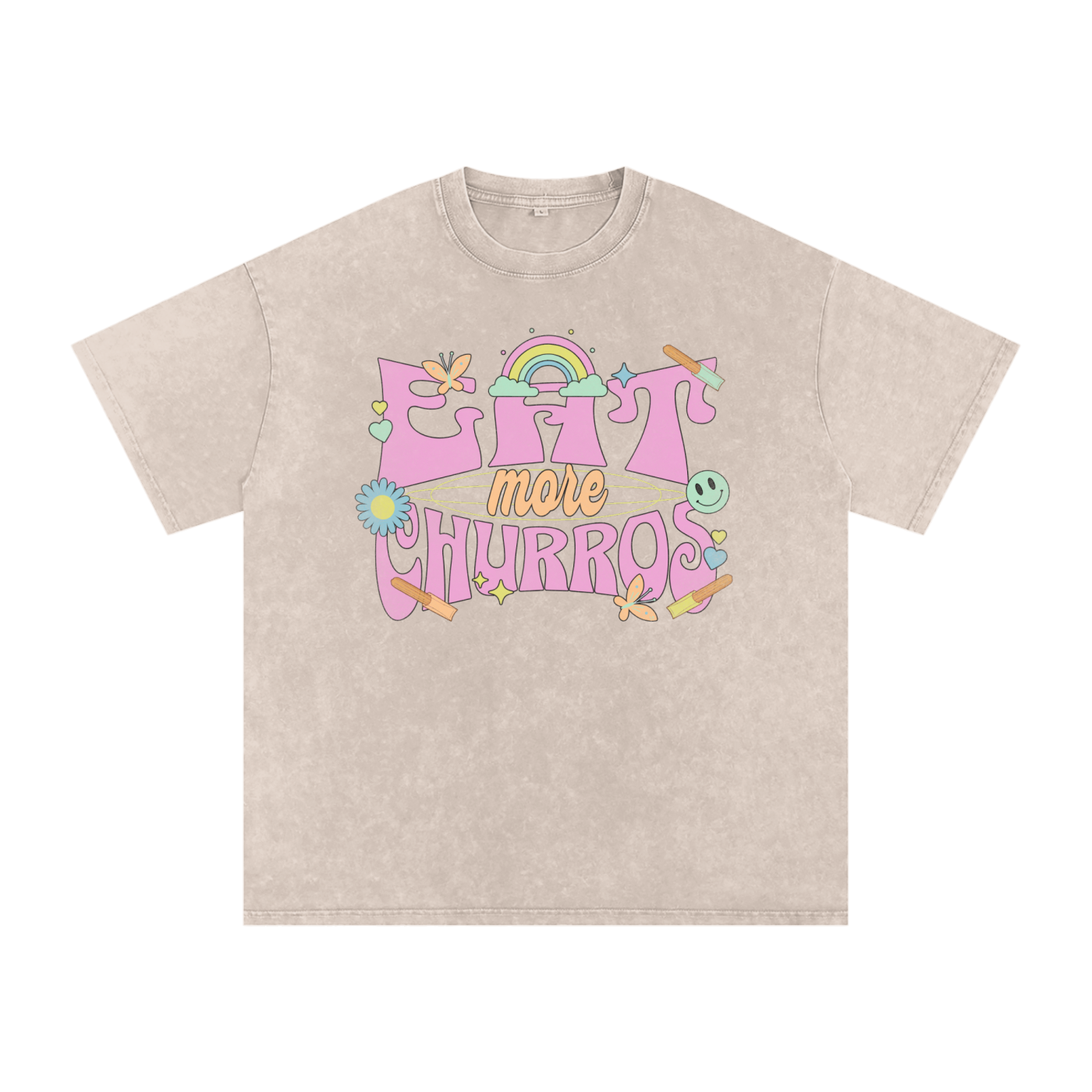 Eat More Churros Oversized Retro Graphic Tee – 90s Pastel Park Snack Shirt – Snow Washed Acid Wash Streetwear Funny Ironic Trendy Vintage Cotton Soft Heavyweight Heavy Weight Distressed Thrift Style 90s Y2K Styles