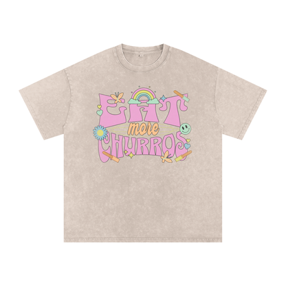 Eat More Churros Oversized Retro Graphic Tee – 90s Pastel Park Snack Shirt – Snow Washed Acid Wash Streetwear Funny Ironic Trendy Vintage Cotton Soft Heavyweight Heavy Weight Distressed Thrift Style 90s Y2K Styles
