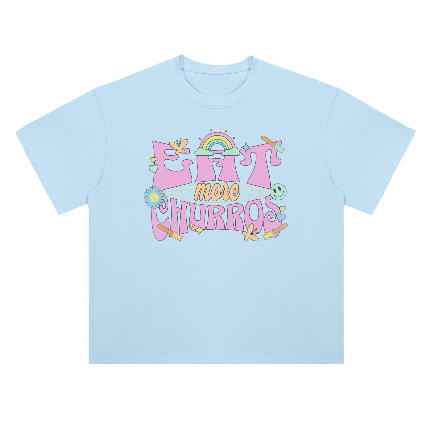 Eat More Churros Retro Graphic T-Shirt – 90s Throwback Vintage Pastel Theme Park Snack Tee Funny Distressed Thrift Streetwear Style– Drop Shoulder Heavyweight Tee