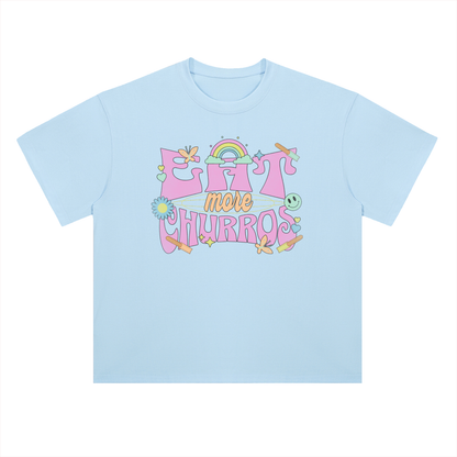 Eat More Churros Retro Graphic T-Shirt – 90s Throwback Vintage Pastel Theme Park Snack Tee Funny Distressed Thrift Streetwear Style– Drop Shoulder Heavyweight Tee