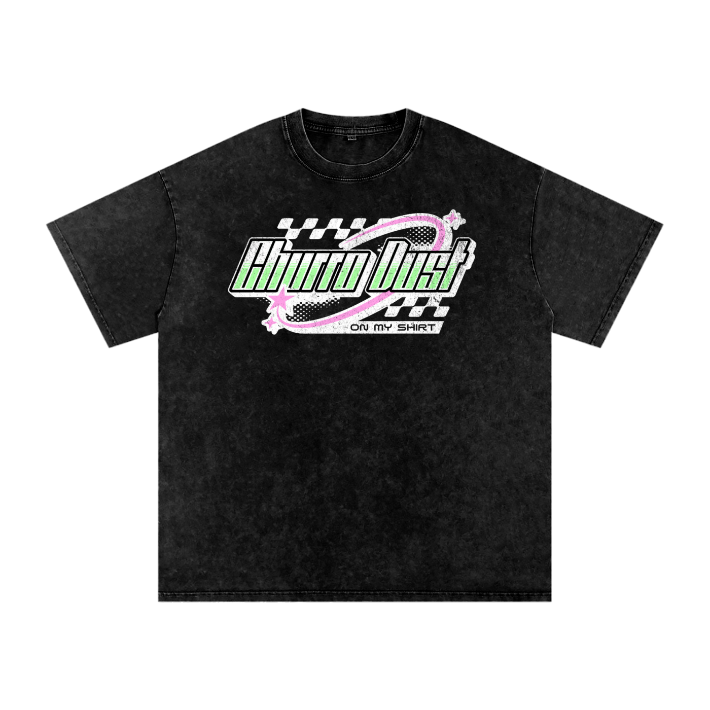 Churro Dust Y2K Logo Graphic Tee – Retro Chrome Mall Aesthetic Streetwear 100% Soft Heavy Weight (250 gsm) Snow Washed Oversized Cotton T-Shirt