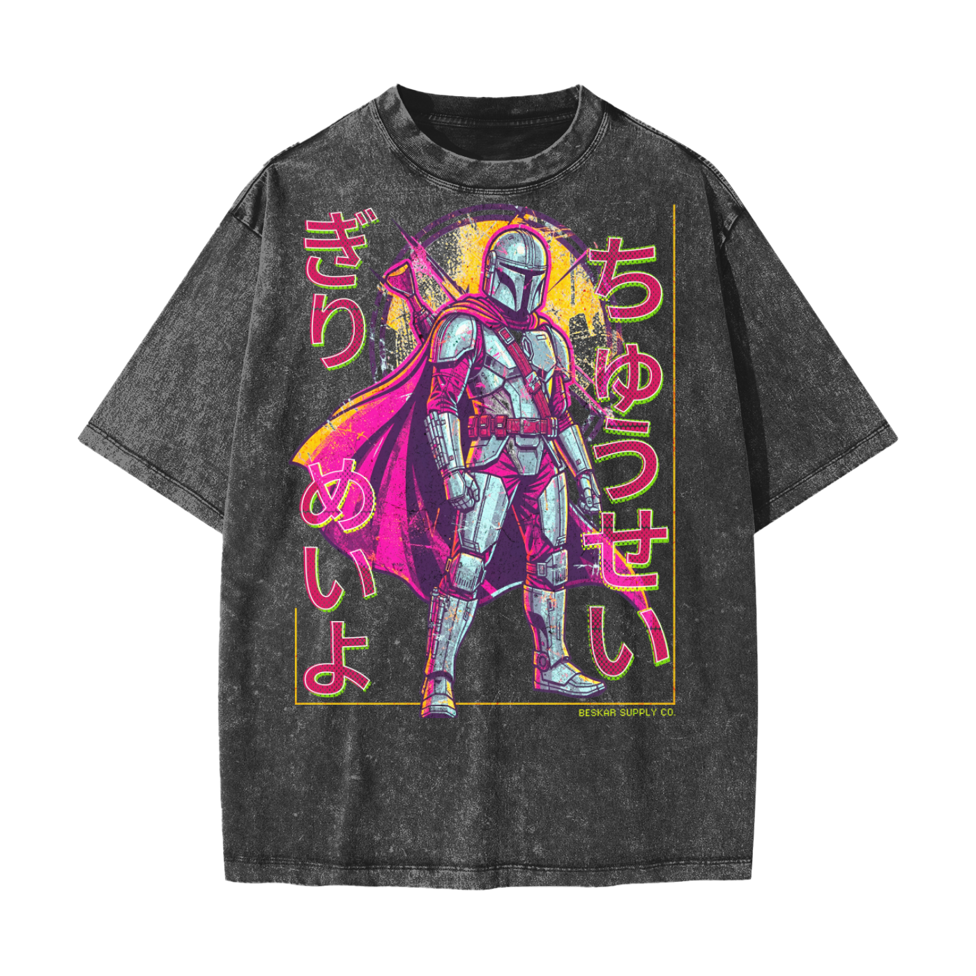 Neon Cyber Bounty Hunter Tokyo Streetwear Manga Kana Graphic t-Shirt Retro Futuristic Armor Outlaw Aesthetic Vaporwave Anime Core Graphic t-Shirt Heavyweight Snow Washed T-Shirt