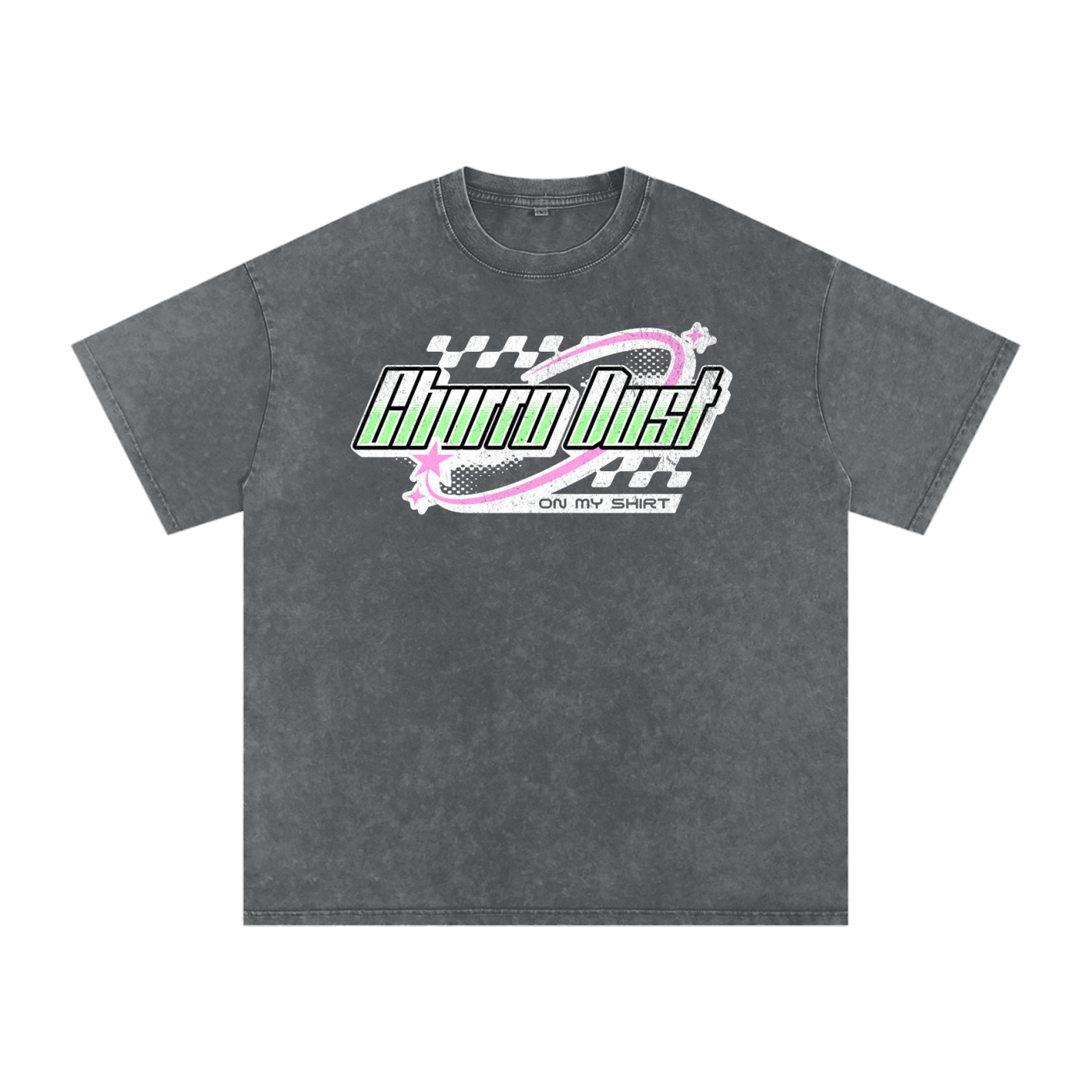 Churro Dust Y2K Logo Graphic Tee – Retro Chrome Mall Aesthetic Streetwear 100% Soft Heavy Weight (250 gsm) Snow Washed Oversized Cotton T-Shirt