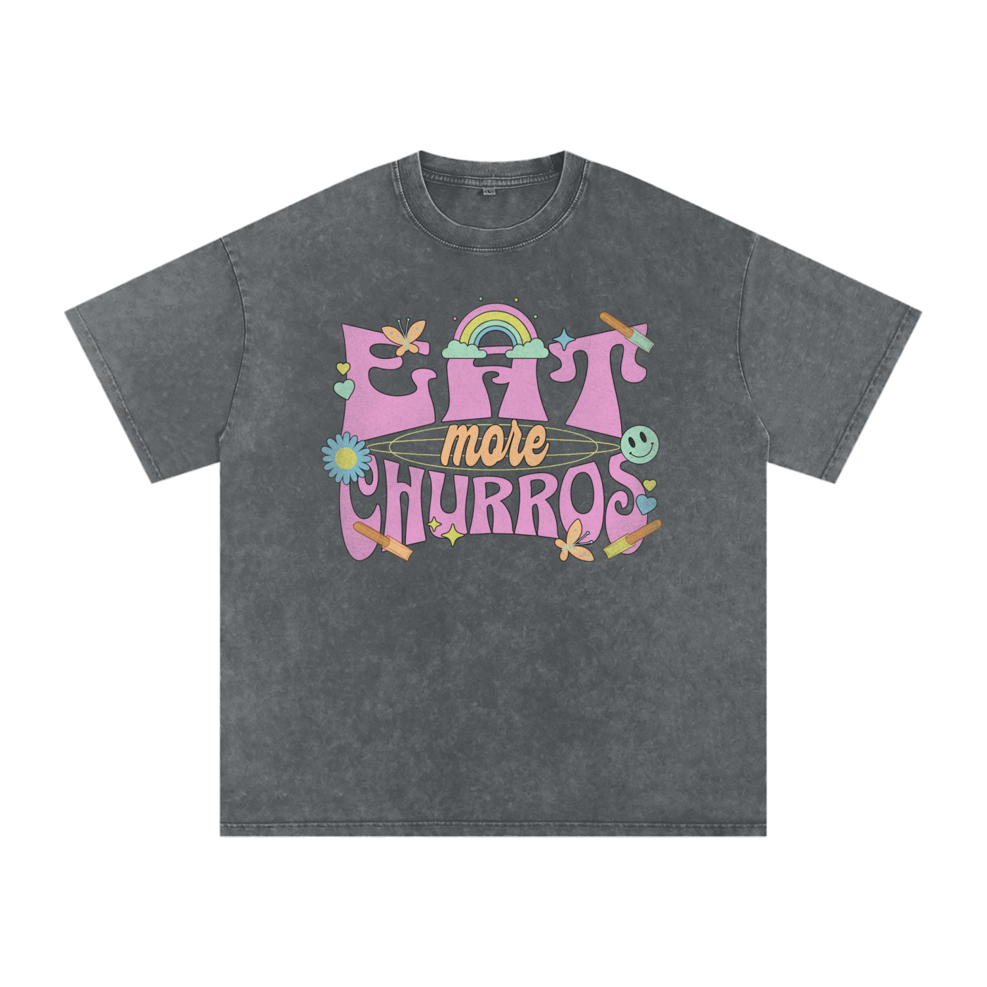 Eat More Churros Oversized Retro Graphic Tee – 90s Pastel Park Snack Shirt – Snow Washed Acid Wash Streetwear Funny Ironic Trendy Vintage Cotton Soft Heavyweight Heavy Weight Distressed Thrift Style 90s Y2K Styles