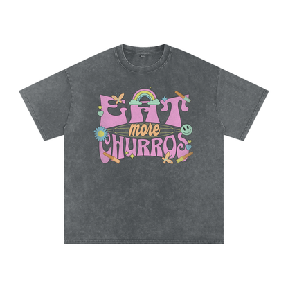 Eat More Churros Oversized Retro Graphic Tee – 90s Pastel Park Snack Shirt – Snow Washed Acid Wash Streetwear Funny Ironic Trendy Vintage Cotton Soft Heavyweight Heavy Weight Distressed Thrift Style 90s Y2K Styles