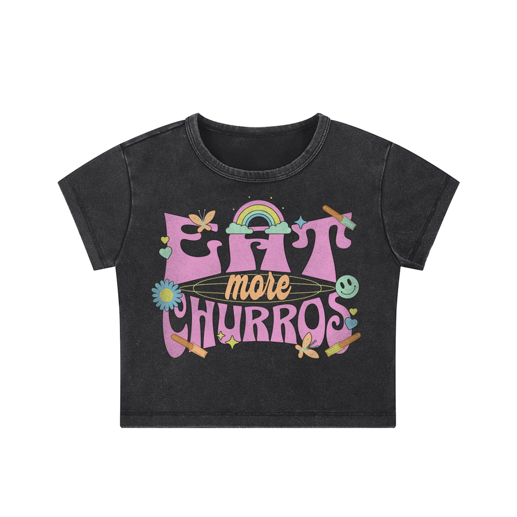 Eat More Churros Retro Crop Top – 90s Pastel Park Snack Graphic Cropped T-Shirt - Light Distress – Snow Washed Acid Wash 100% Soft Vintage Washed Cotton