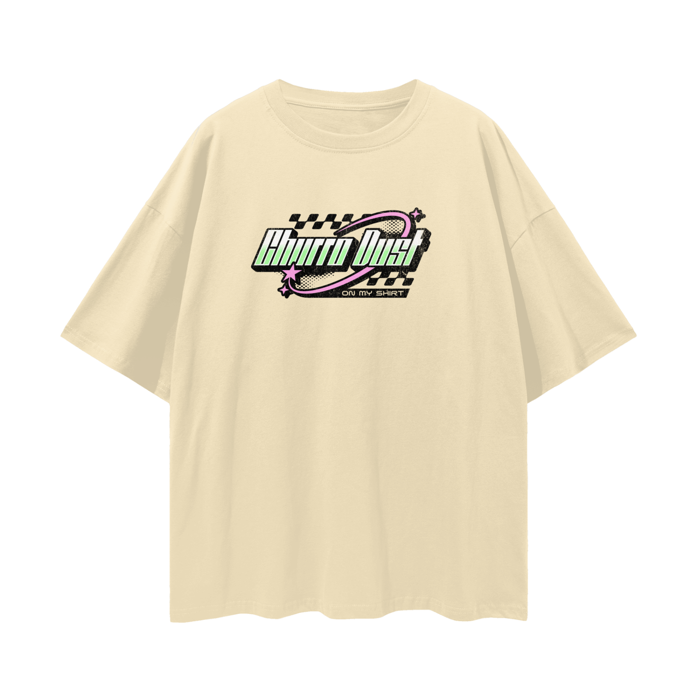 Churro Dust Y2K Logo Graphic Tee – Retro Chrome Mall Aesthetic Streetwear 100% Soft Vintage Washed Streetwear Loose Drop Shoulder T-Shirt