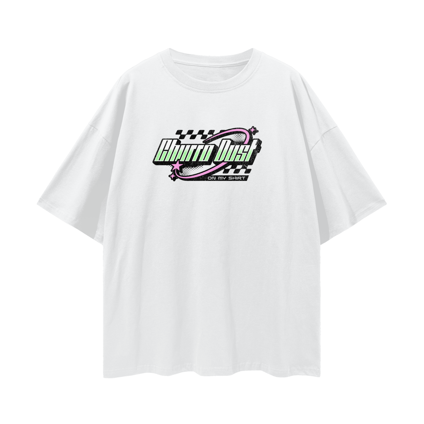 Churro Dust Y2K Logo Graphic Tee – Retro Chrome Mall Aesthetic Streetwear 100% Soft Vintage Washed Streetwear Loose Drop Shoulder T-Shirt