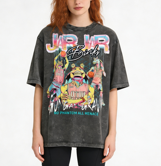 Jar Jar Binks Phantom Hoops Oversized Tee – Washed Black