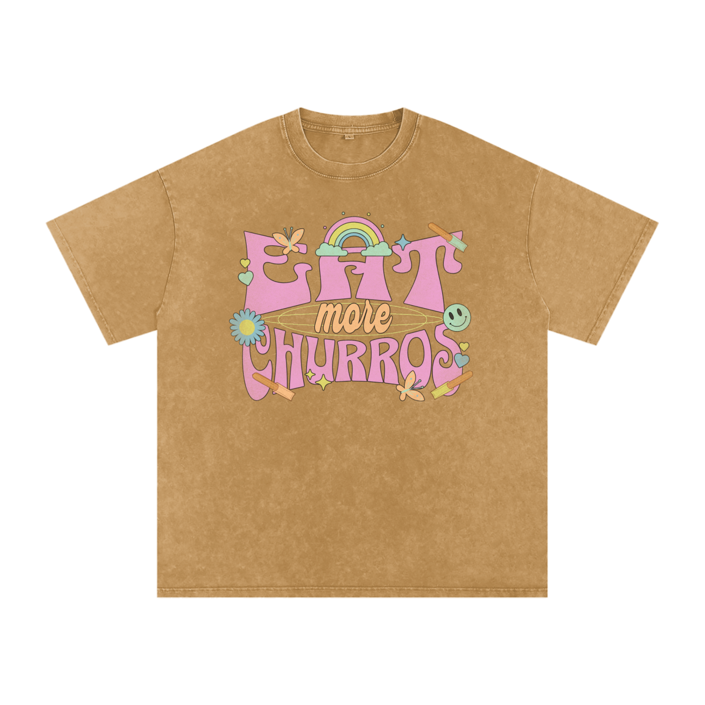Eat More Churros Oversized Retro Graphic Tee – 90s Pastel Park Snack Shirt – Snow Washed Acid Wash Streetwear Funny Ironic Trendy Vintage Cotton Soft Heavyweight Heavy Weight Distressed Thrift Style 90s Y2K Styles