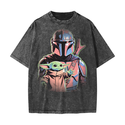 Neon Mandalorian & Grogu The Way and The Force Duo T-Shirt – Faded Black