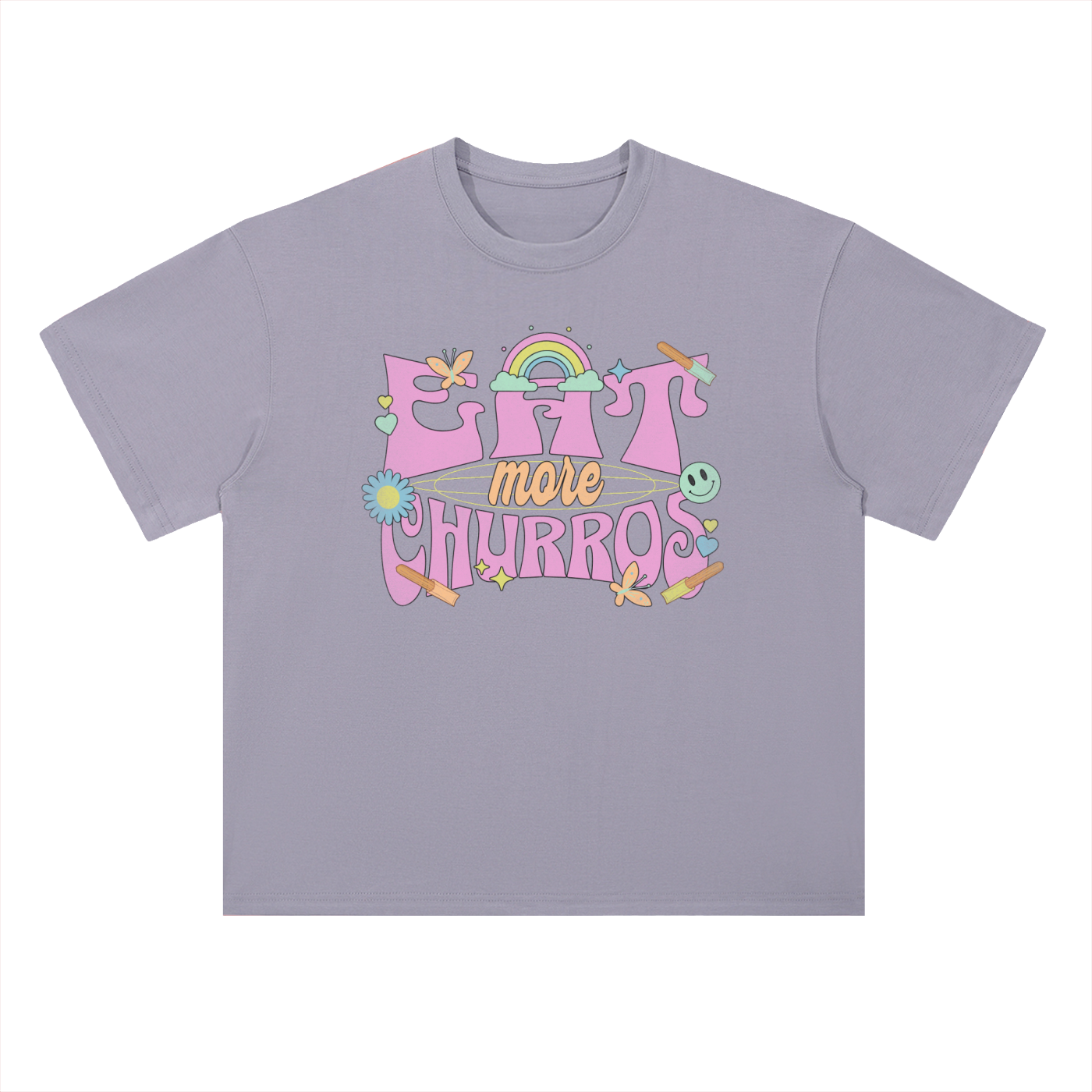 Eat More Churros Retro Graphic T-Shirt – 90s Throwback Vintage Pastel Theme Park Snack Tee Funny Distressed Thrift Streetwear Style– Drop Shoulder Heavyweight Tee