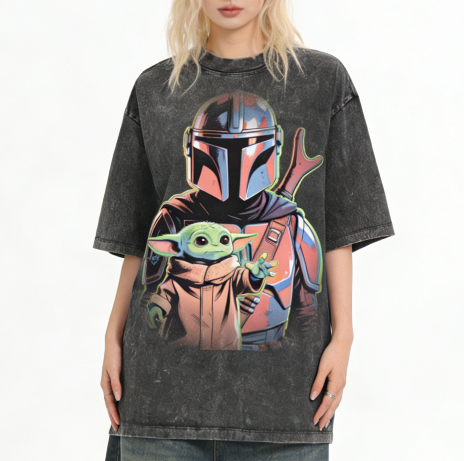 Neon Mandalorian & Grogu The Way and The Force Duo T-Shirt – Faded Black
